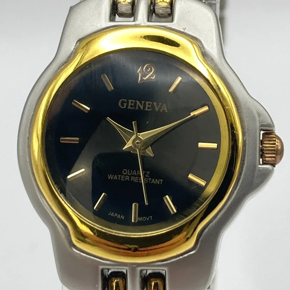 Geneva Women's Watch 24mm Gold Silver Two Tone Black Dial New Battery 7.75
